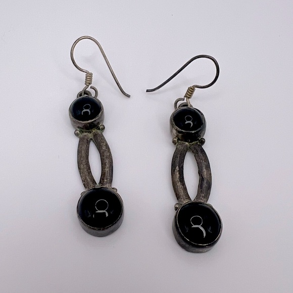 Vintage Onyx Sterling Silver 925 Dangling Earrings, Modernist - Picture 1 of 2